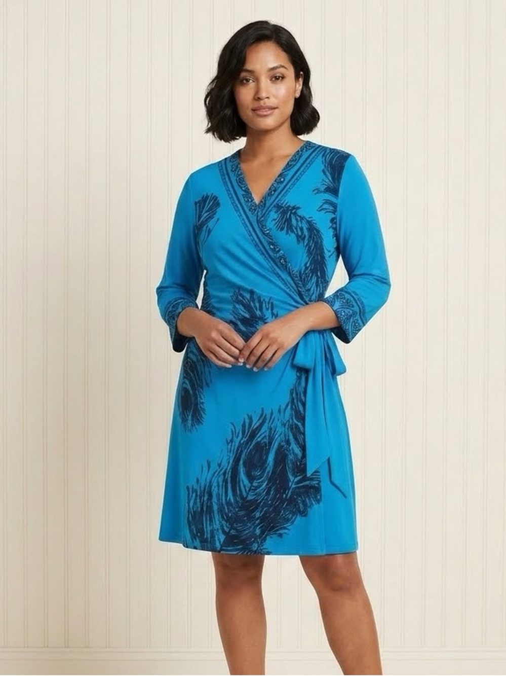 Hale Bob Embellished Blue Long Sleeve Wrap Dress with Tie Front